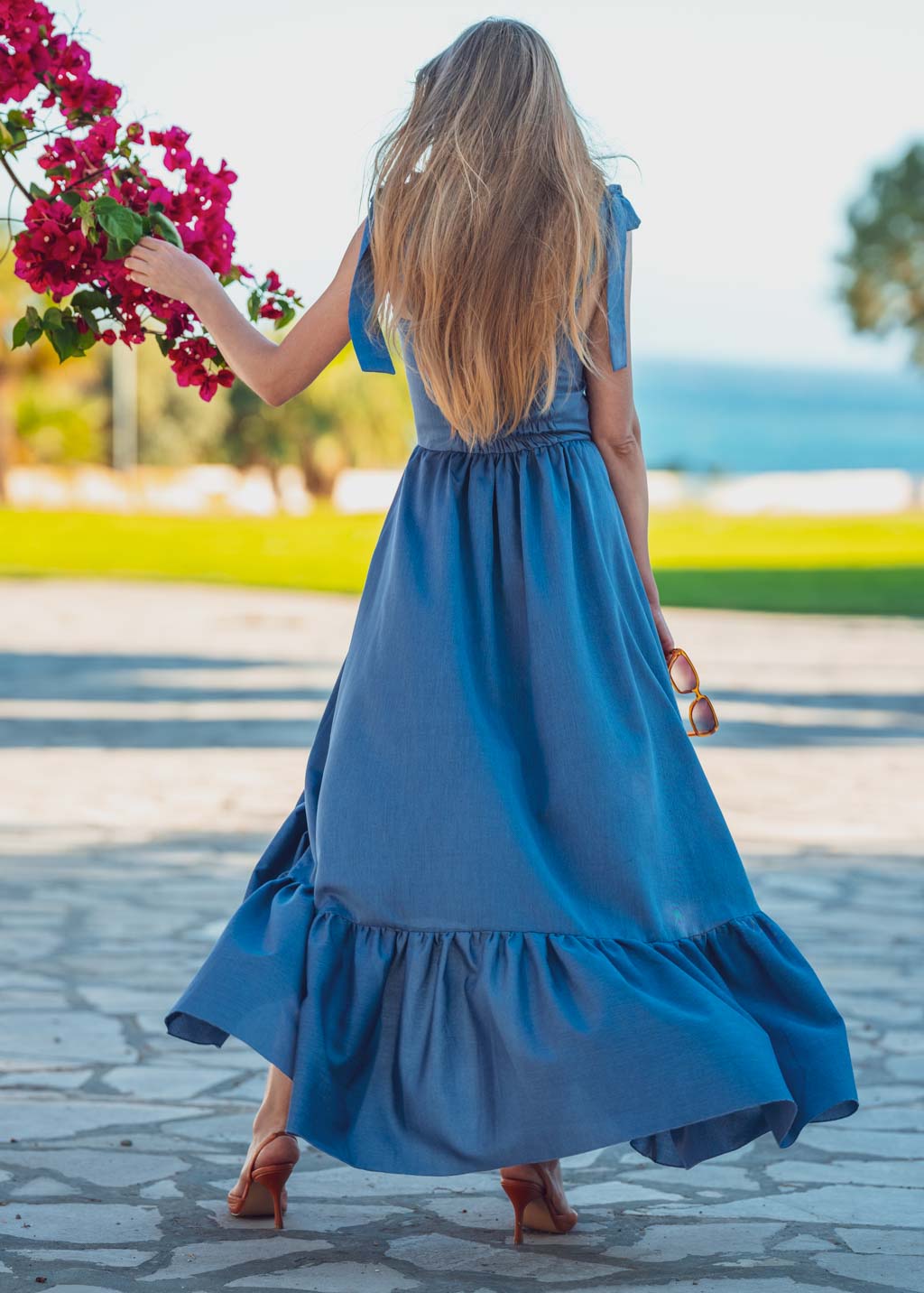 Blue cotton boho long summer dress