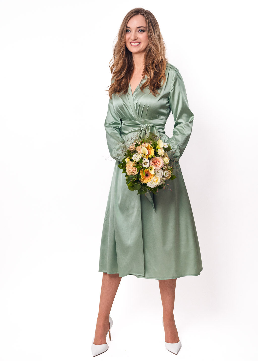 Sage green wrap silk dress