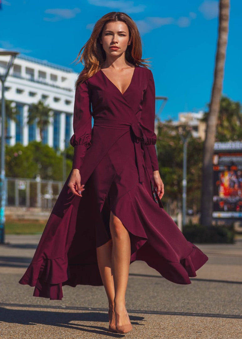 Dark burgundy long wrap dress