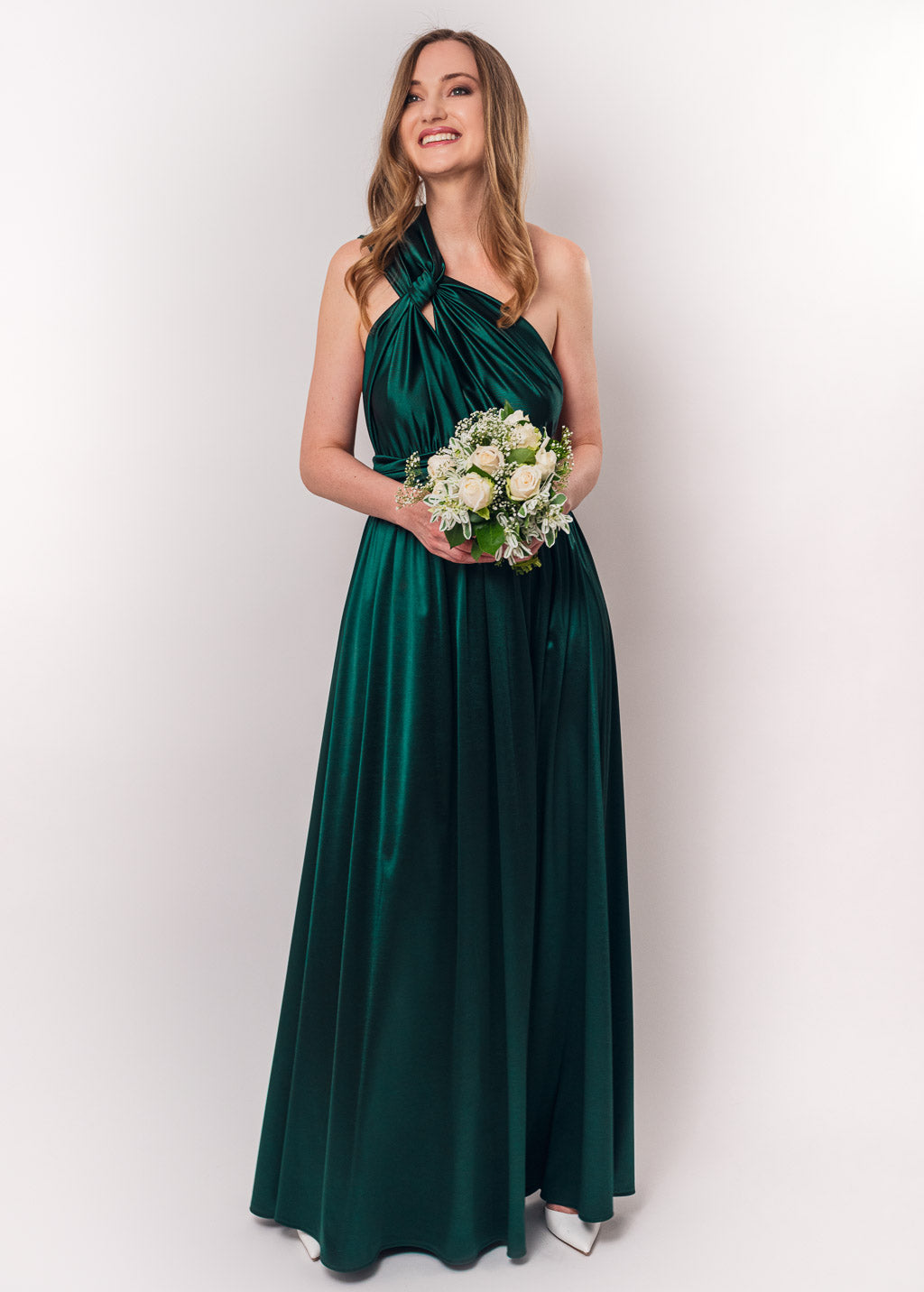 Dark green luxury satin infinity dress or jumpsuit