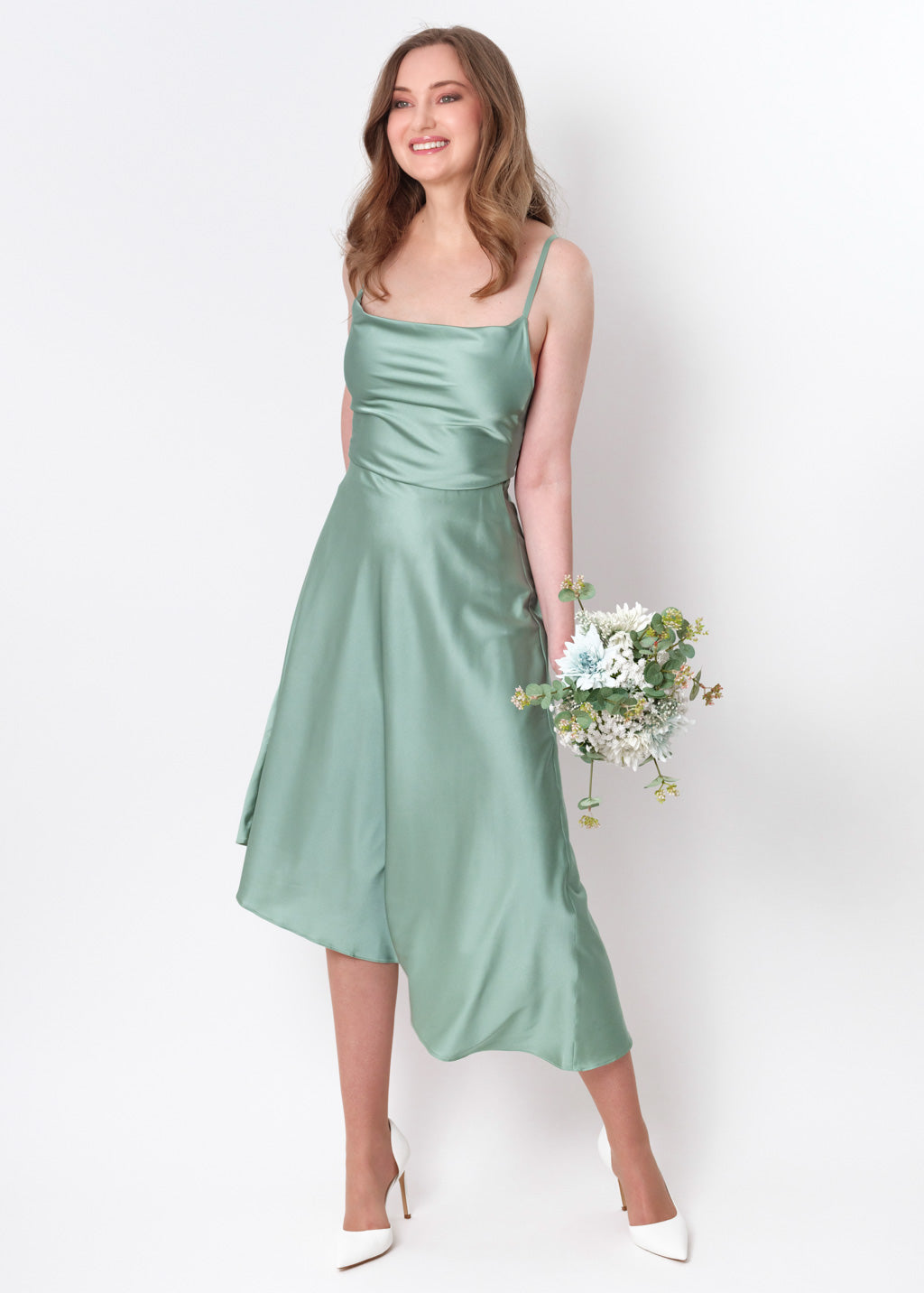 Sage green silk asymmetric dress