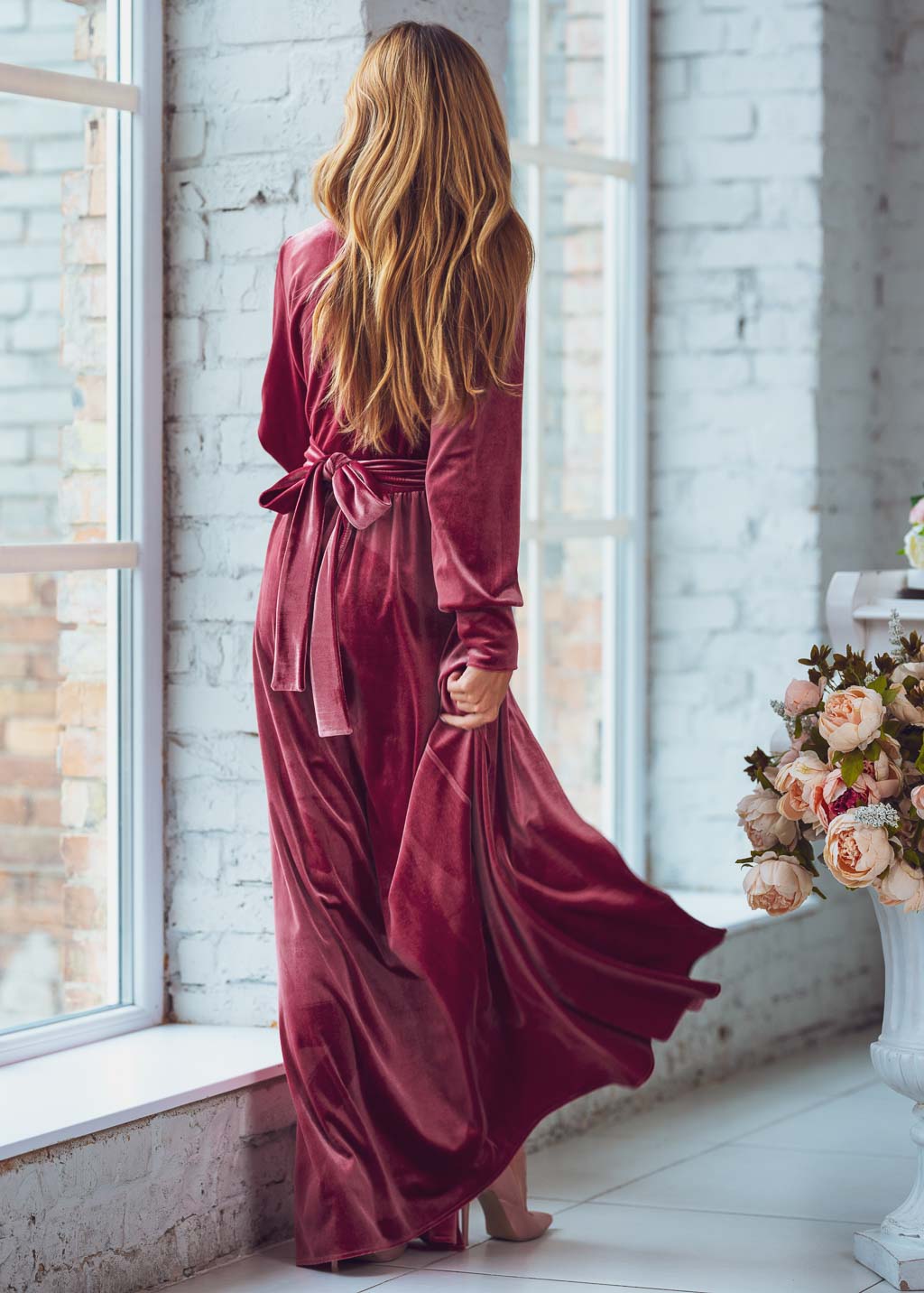 Dusty rose long wrap velvet robe