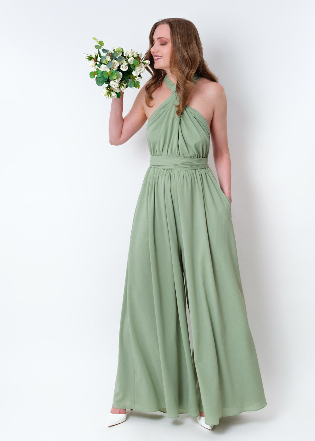 Sage green chiffon infinity jumpsuit