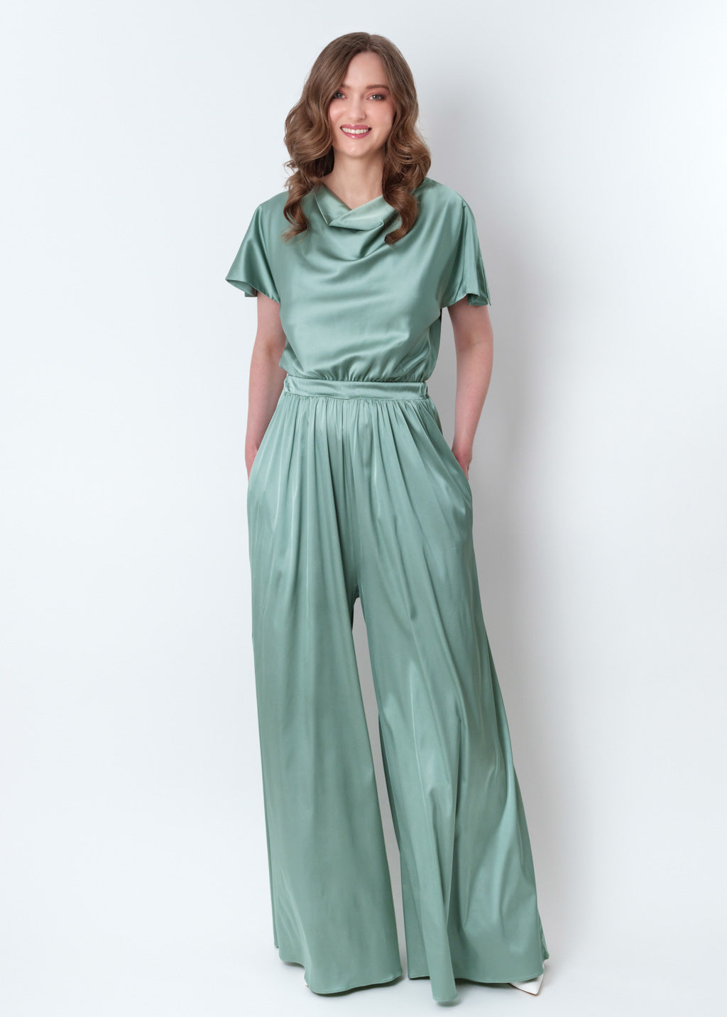Sage green silk jumpsuit