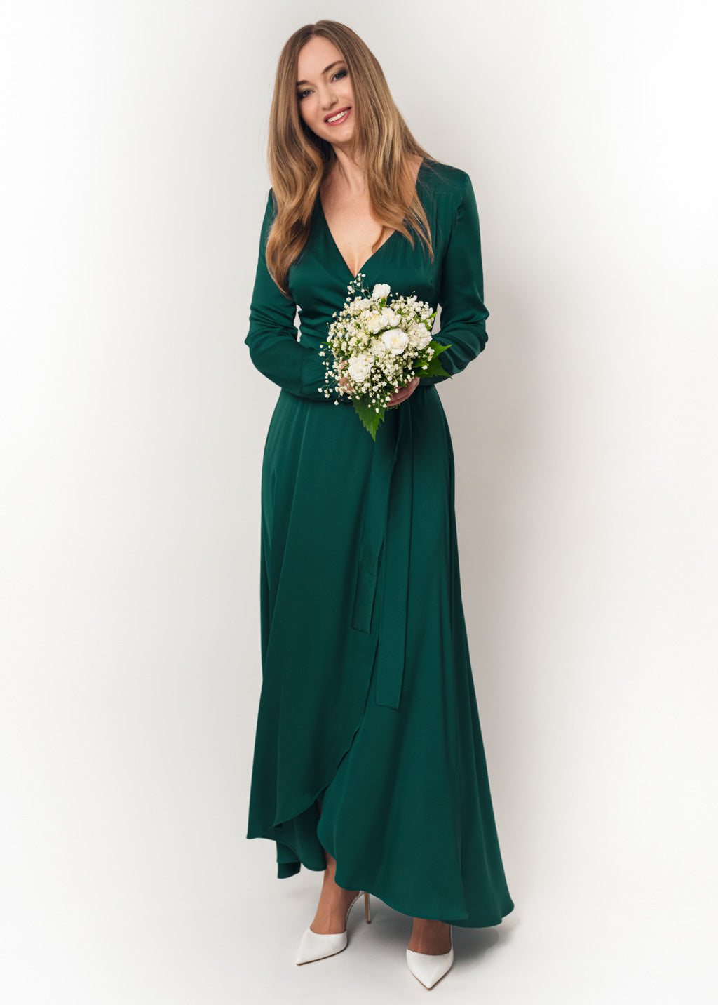 Dark green wrap silk dress