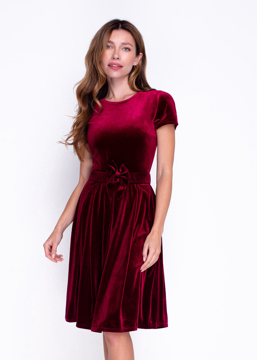 Burgundy velvet dress with belt