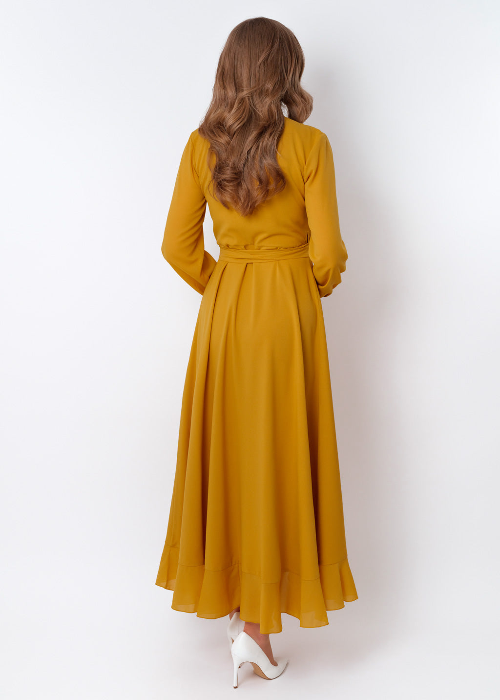 Gold chiffon wrap dress