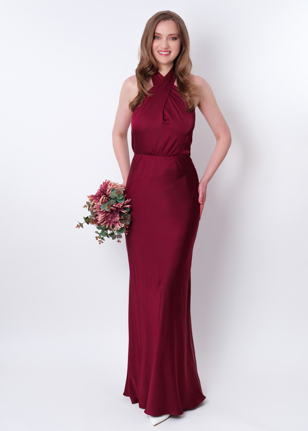 Burgundy silk long halter dress