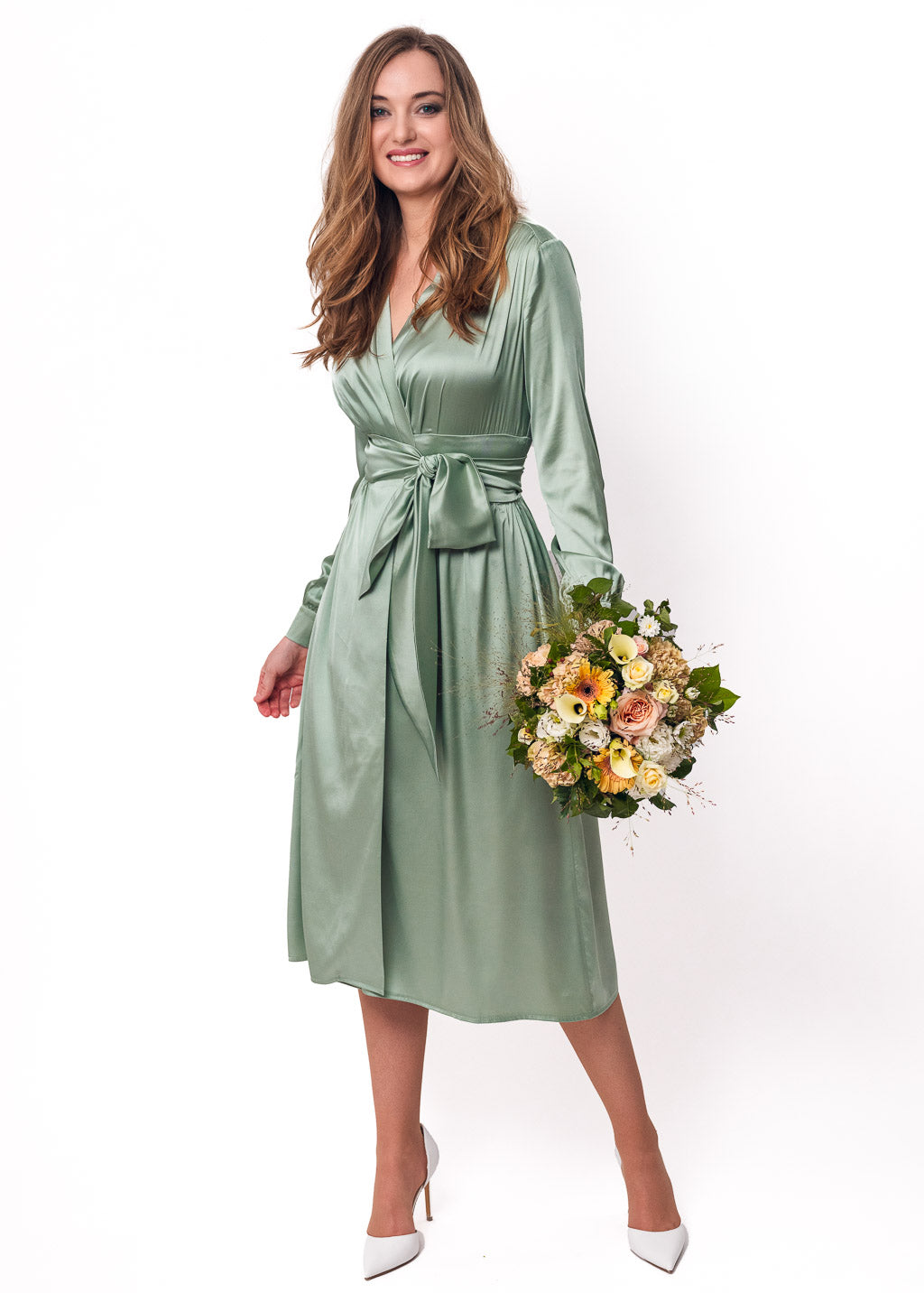 Sage green wrap silk dress