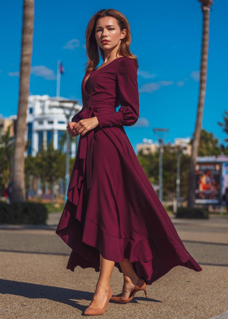 Dark burgundy long wrap dress