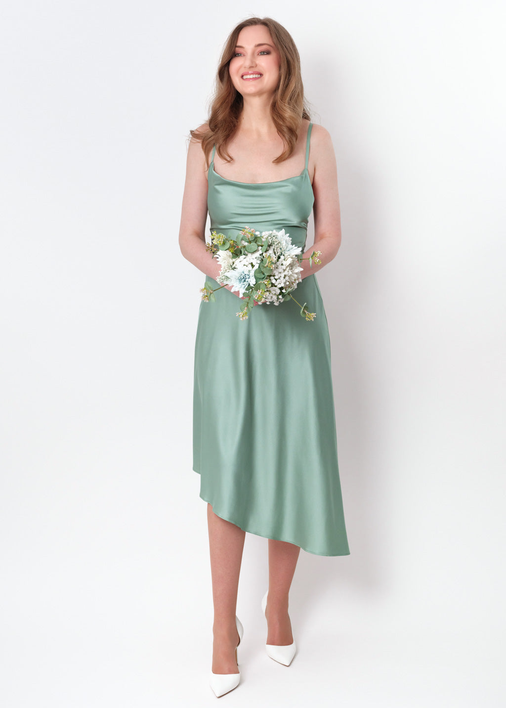 Sage green silk asymmetric dress