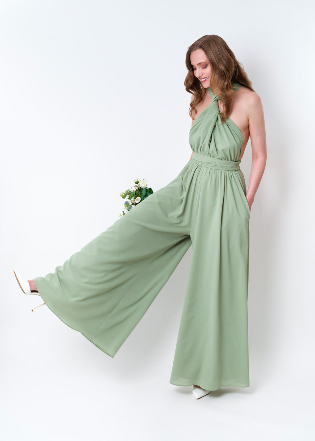 Sage green chiffon infinity jumpsuit