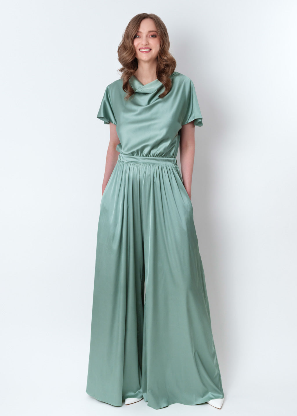 Sage green silk jumpsuit
