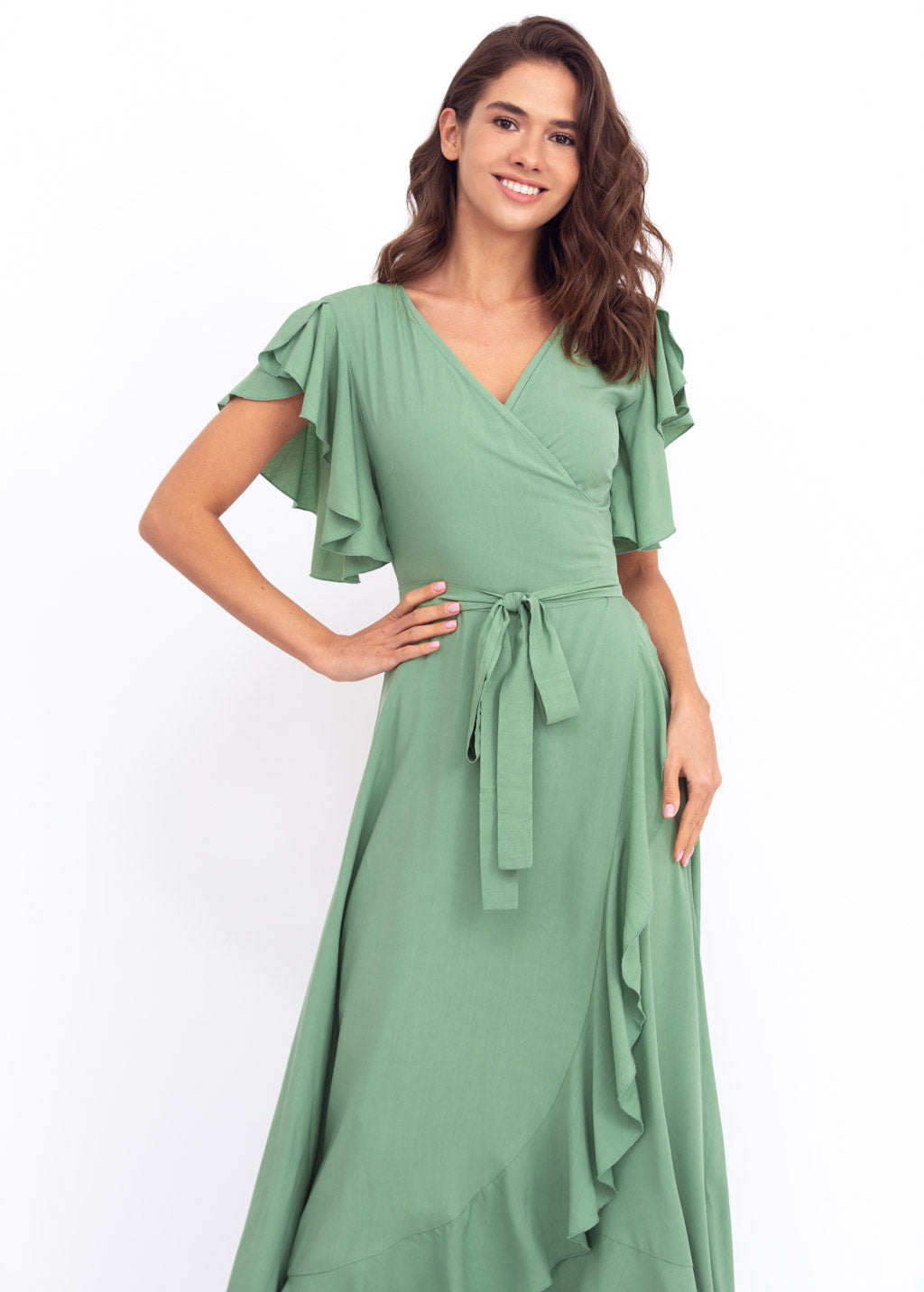 Sage green romantic wrap around dress