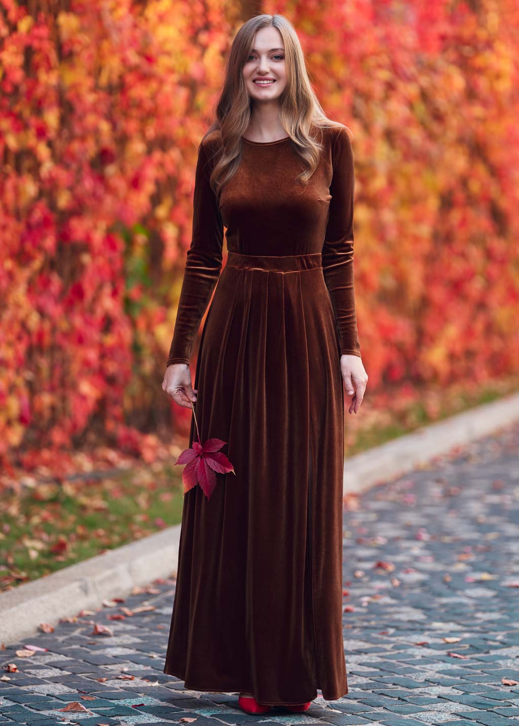 Rust gold velvet long dress