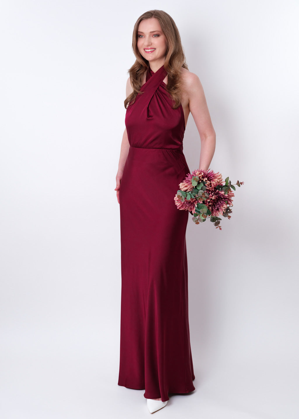 Burgundy silk long halter dress
