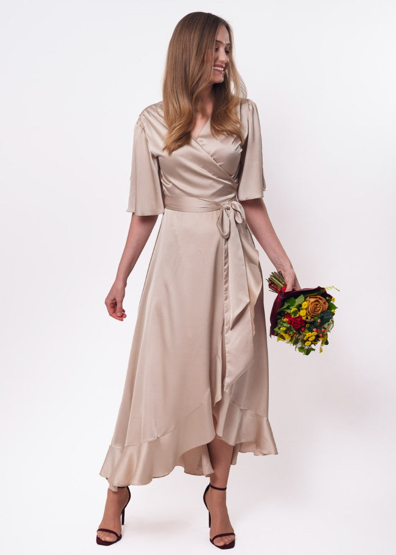 Champagne beige wrap silk dress