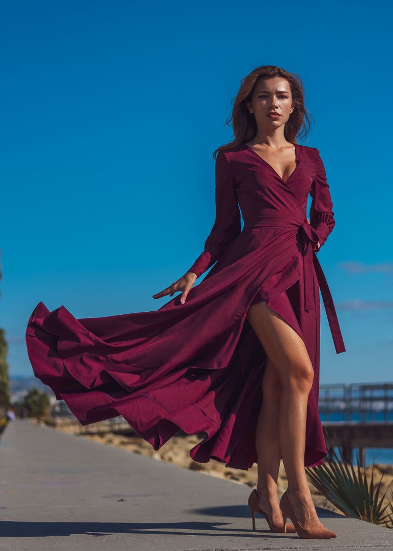 Dark burgundy long wrap dress
