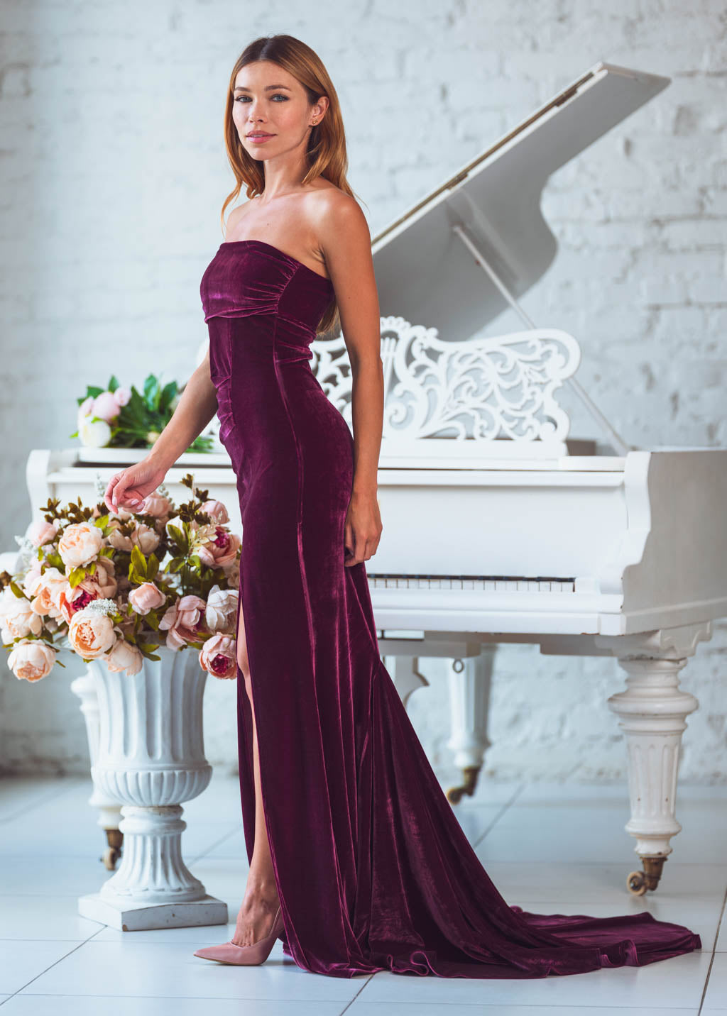 Plum burgundy maxi velvet mermaid train dress