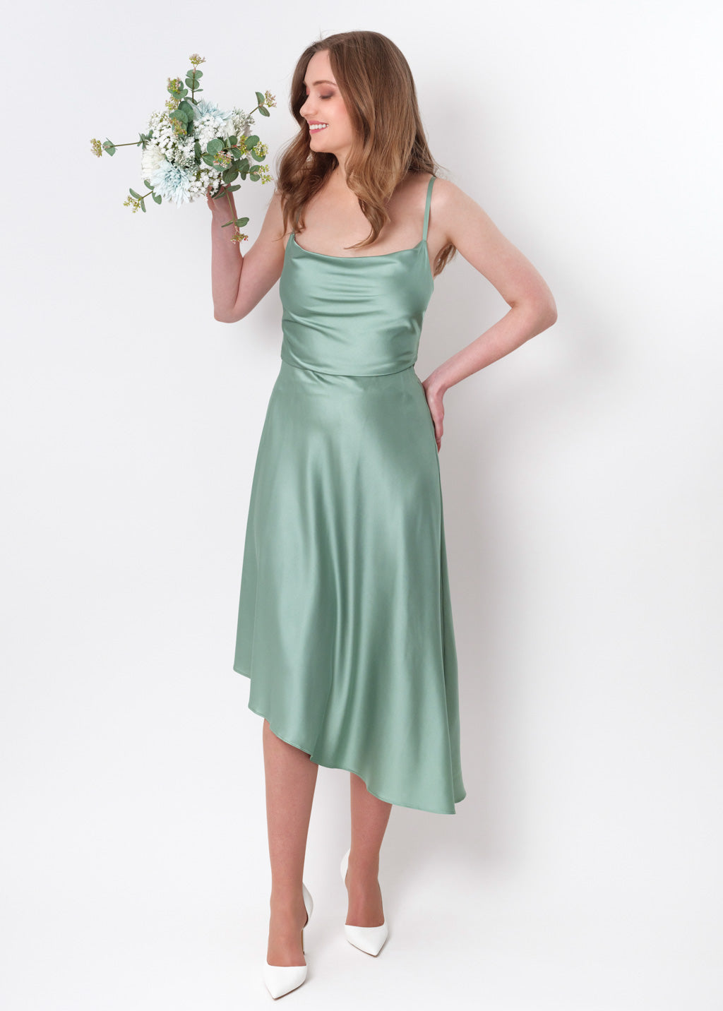 Sage green silk asymmetric dress