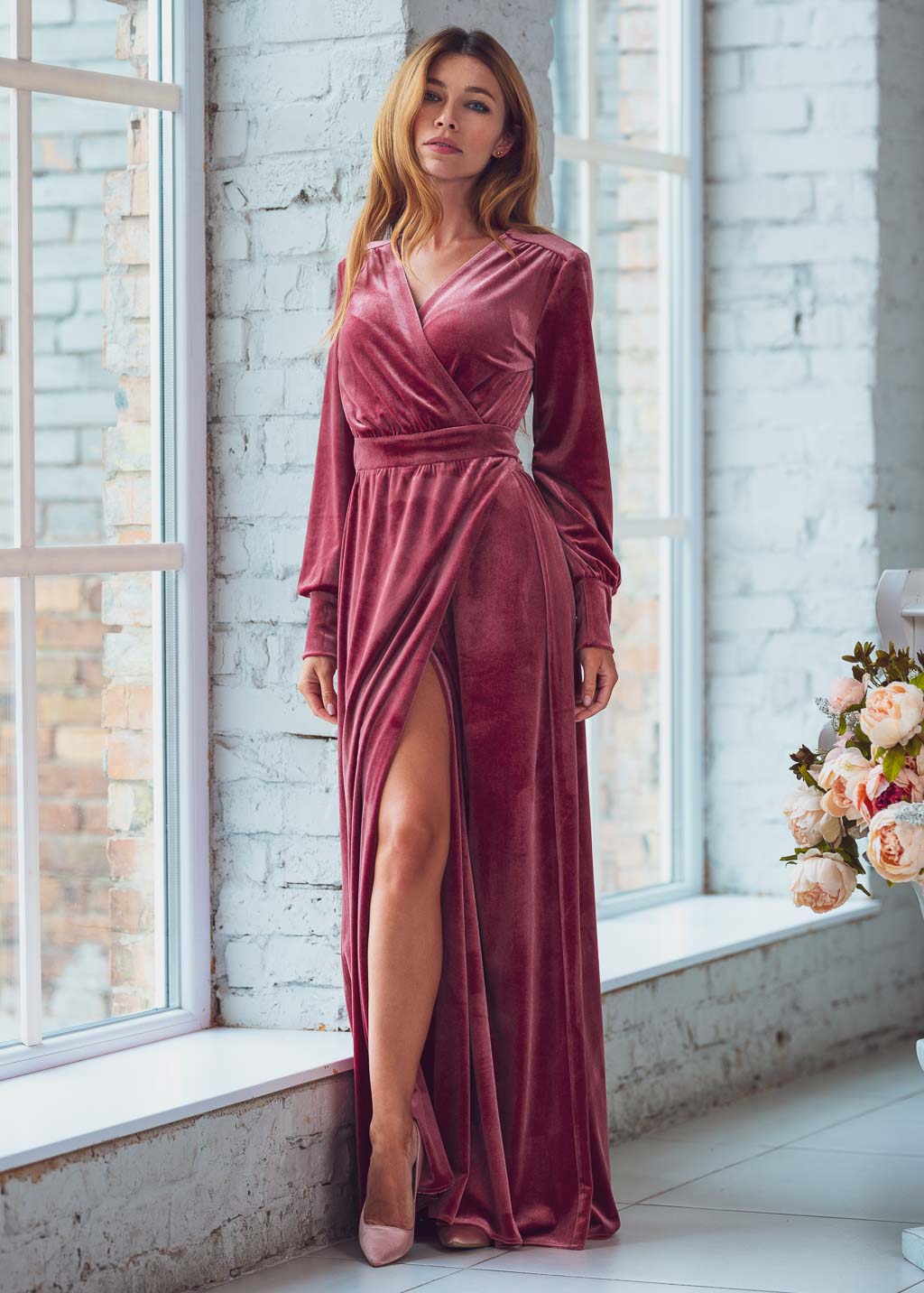 Dusty rose long wrap velvet robe