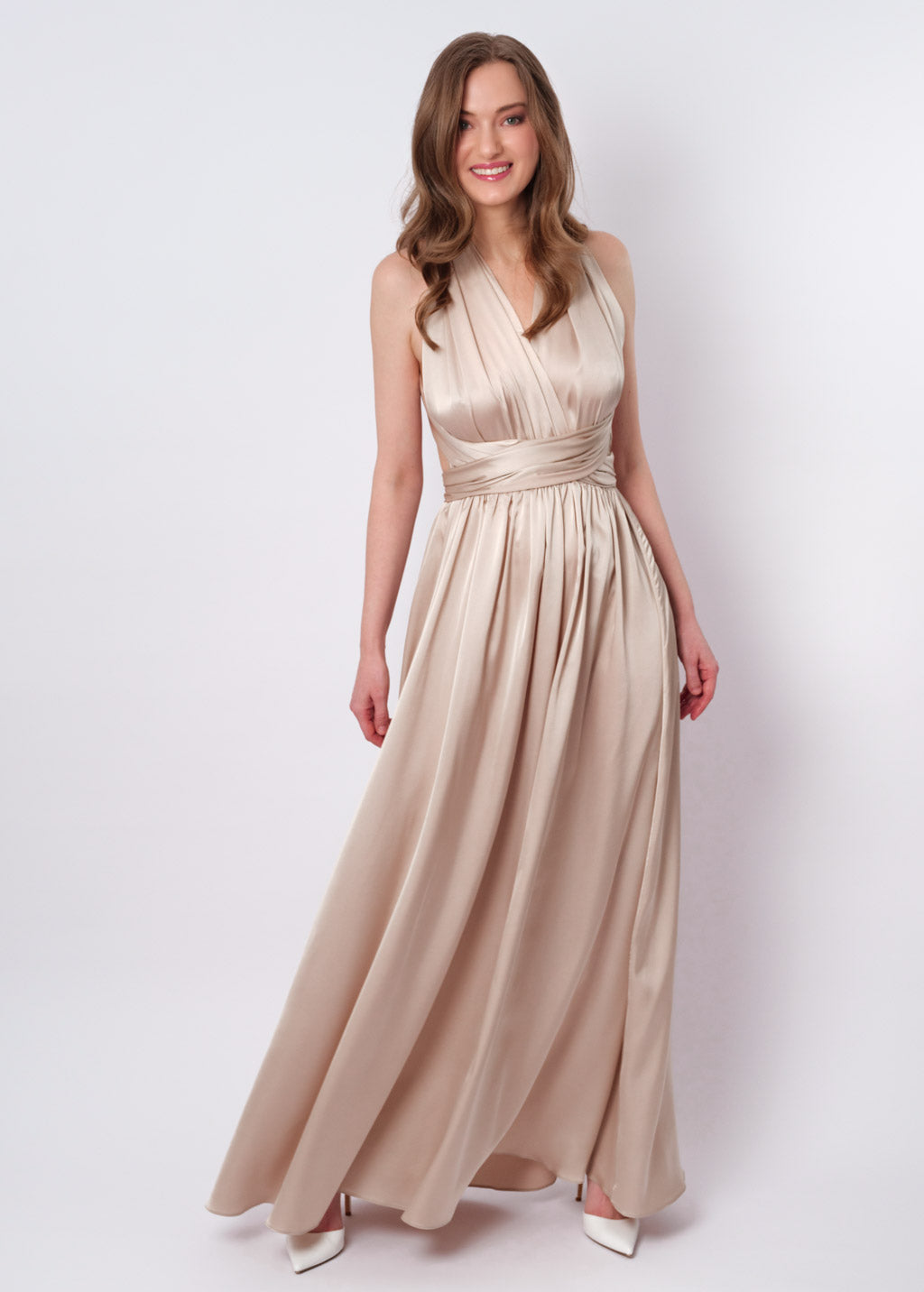 kadiju champagne pleated dress Golden Gatherings Pleated Satin Maxi Dress VICI