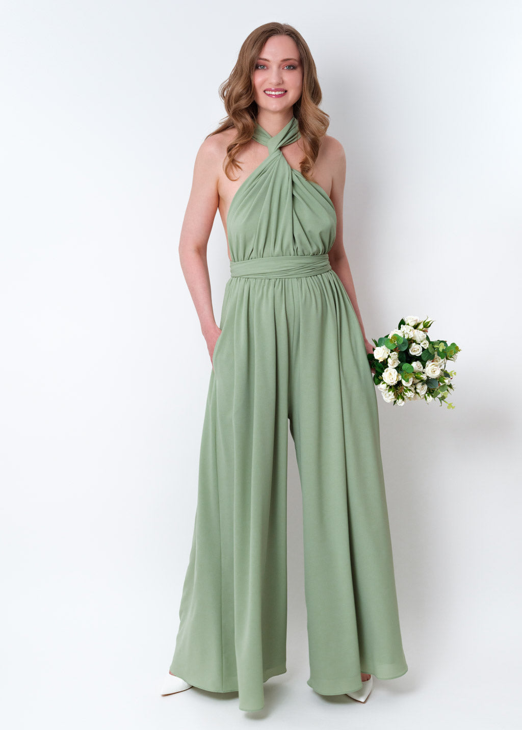 Sage green chiffon infinity jumpsuit