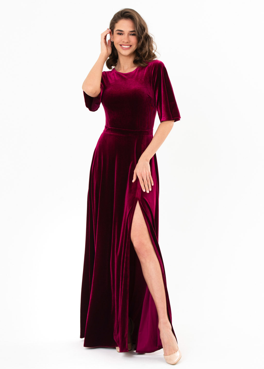 Plum burgundy velvet slit dress
