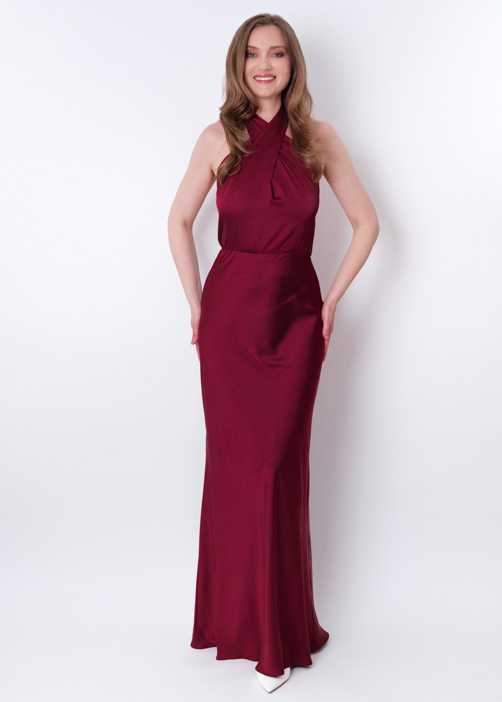 Burgundy silk long halter dress