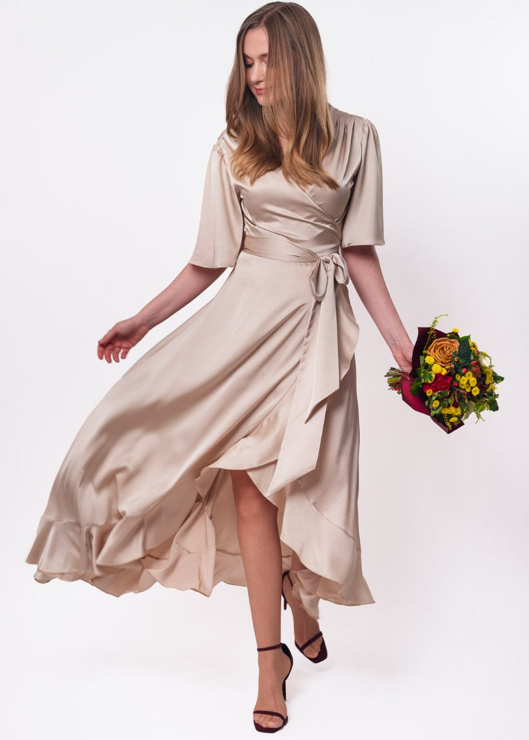 Champagne beige wrap silk dress