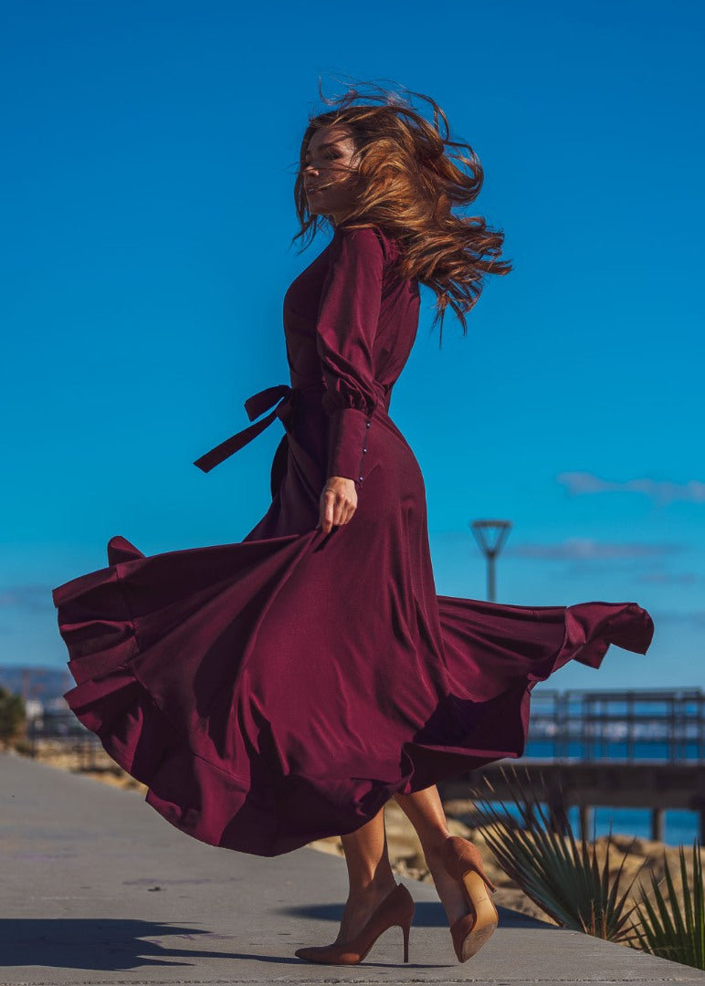 Dark burgundy long wrap dress