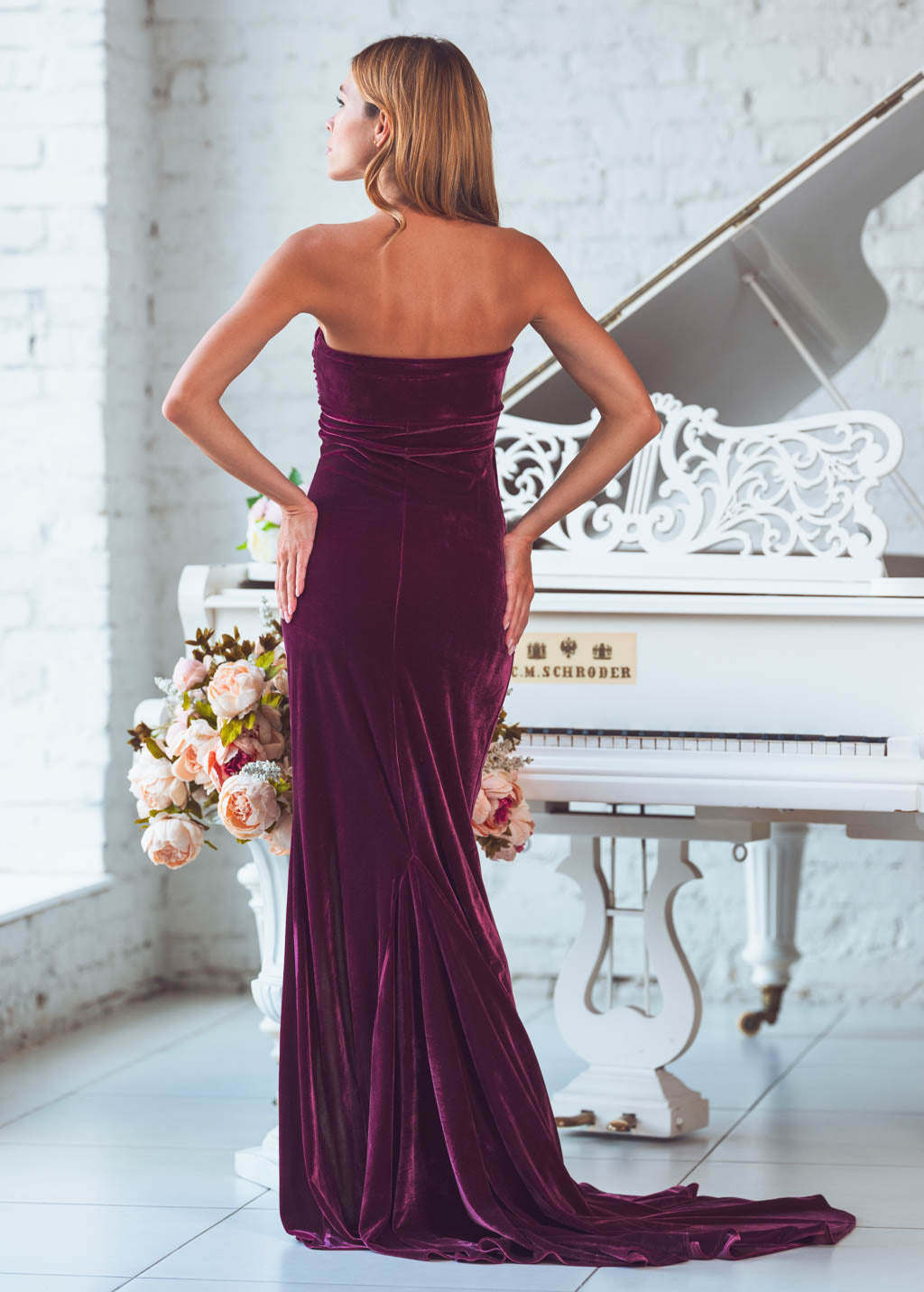 Plum burgundy maxi velvet mermaid train dress