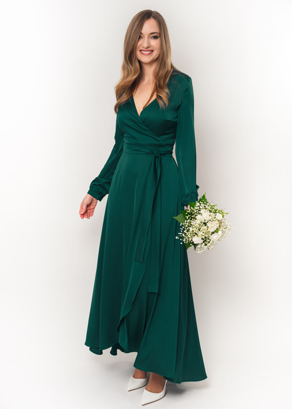 Dark green wrap silk dress