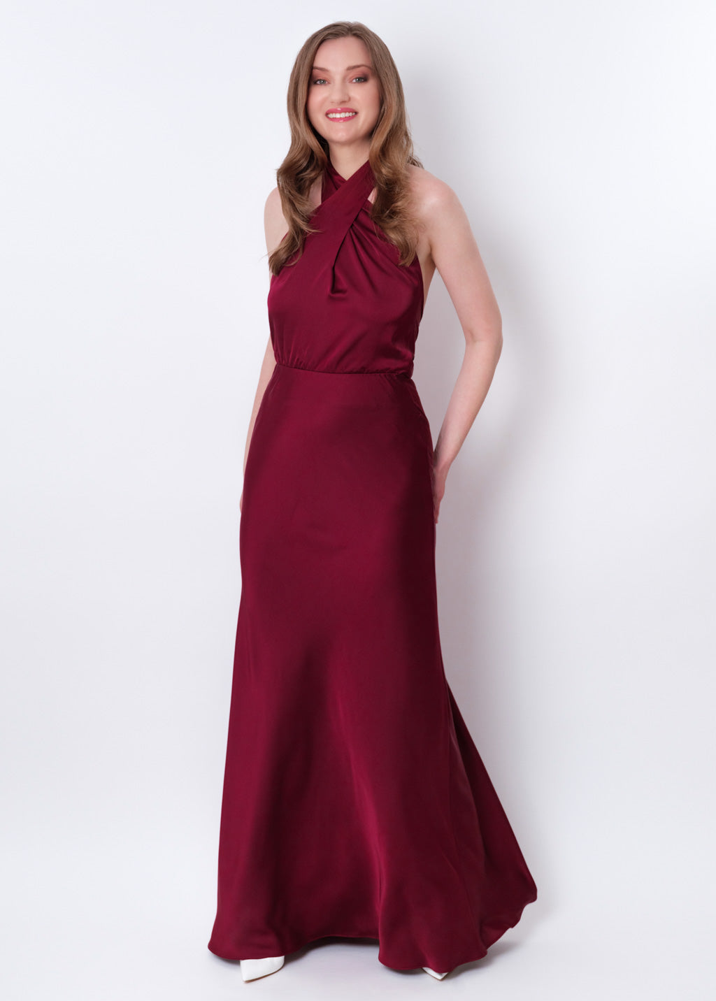 Burgundy silk long halter dress