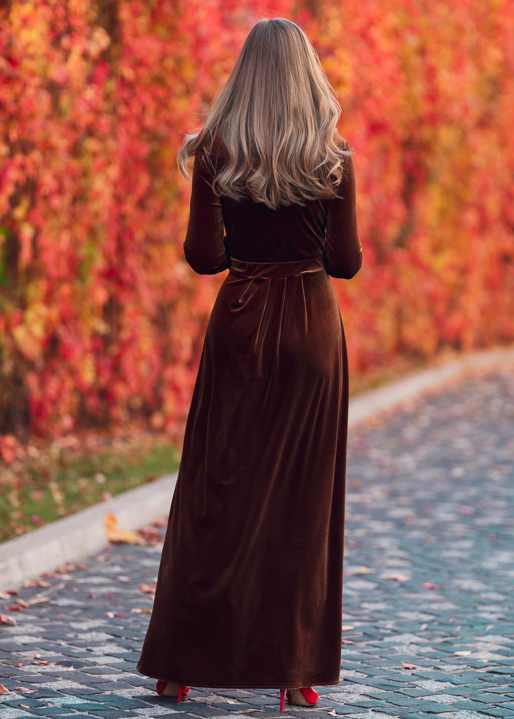 Rust gold velvet slit dress
