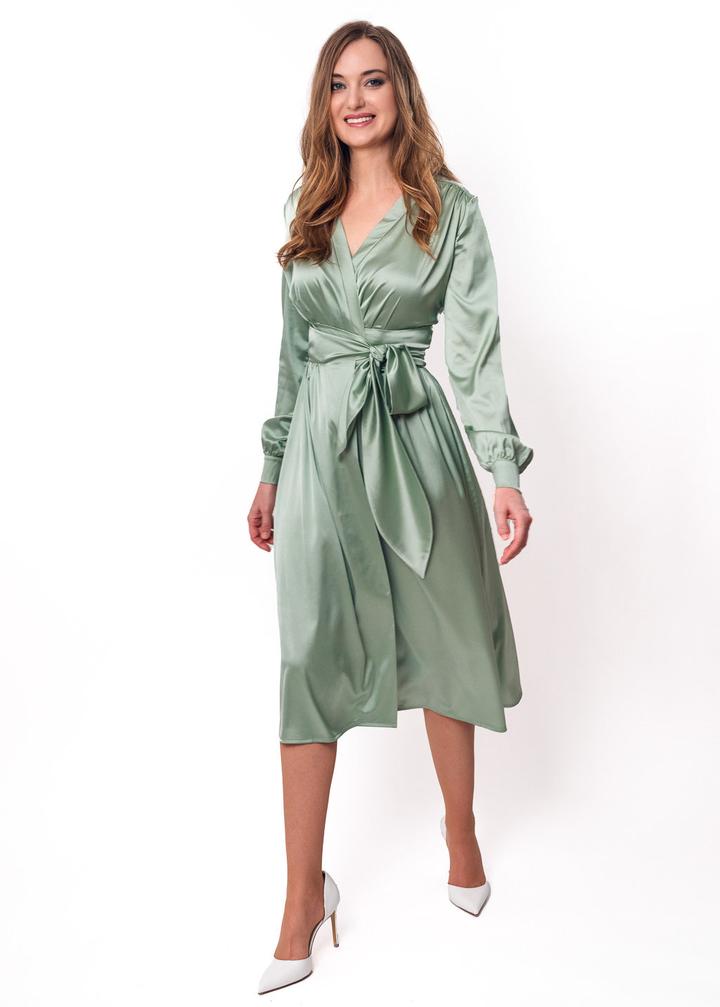 Sage green wrap silk dress