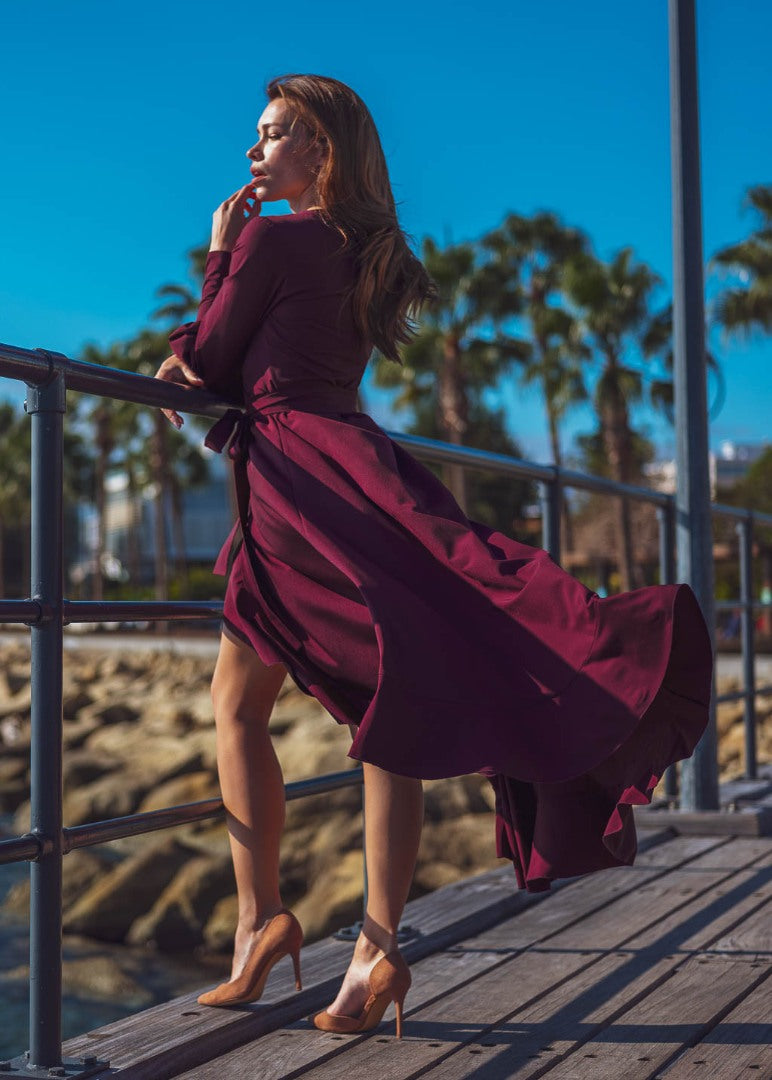 Dark burgundy long wrap dress