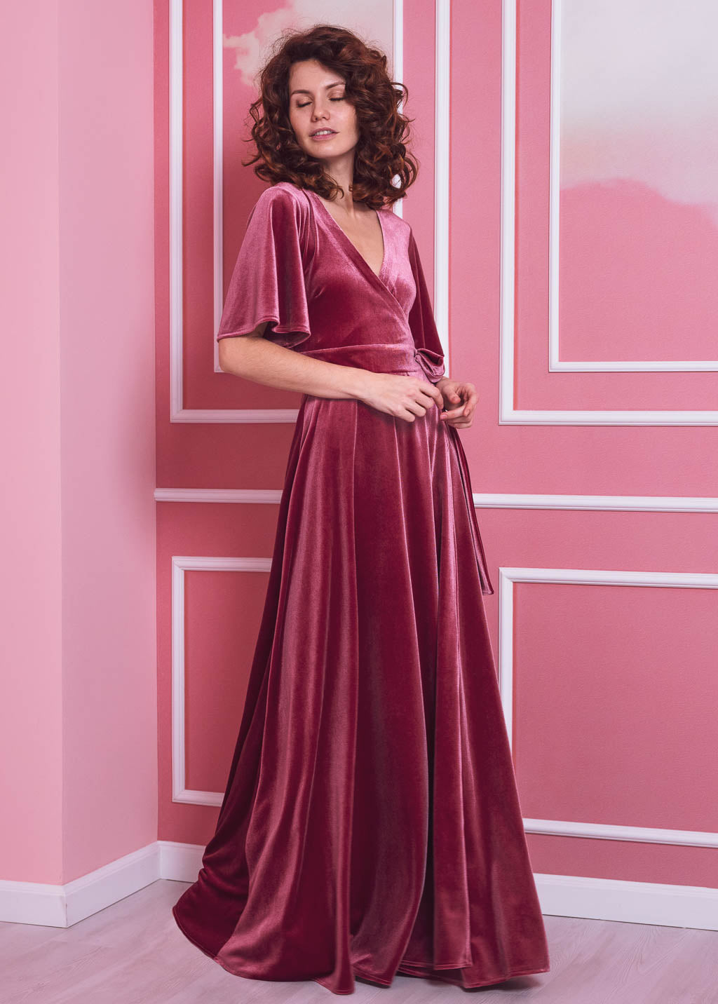 Dusty rose elegant long wrap dress