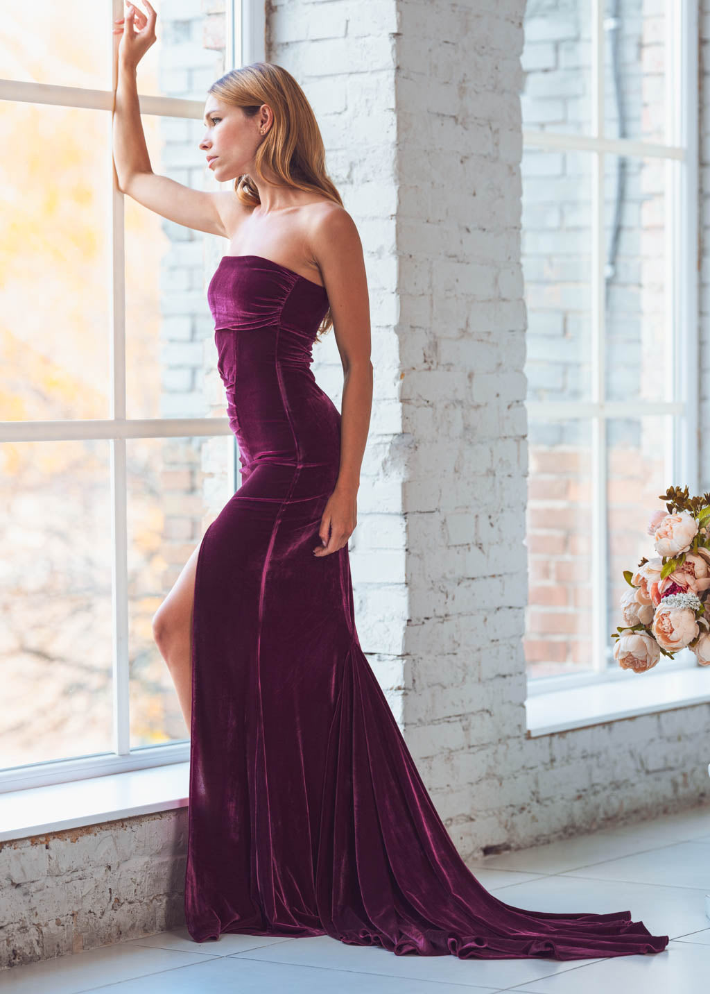 Plum burgundy maxi velvet mermaid train dress & bolero