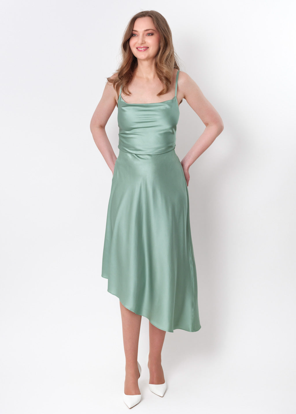 Sage green silk asymmetric dress