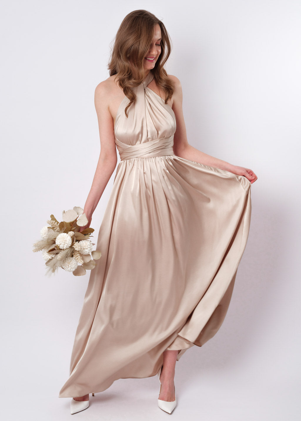 Champagne beige infinity long pleated dress