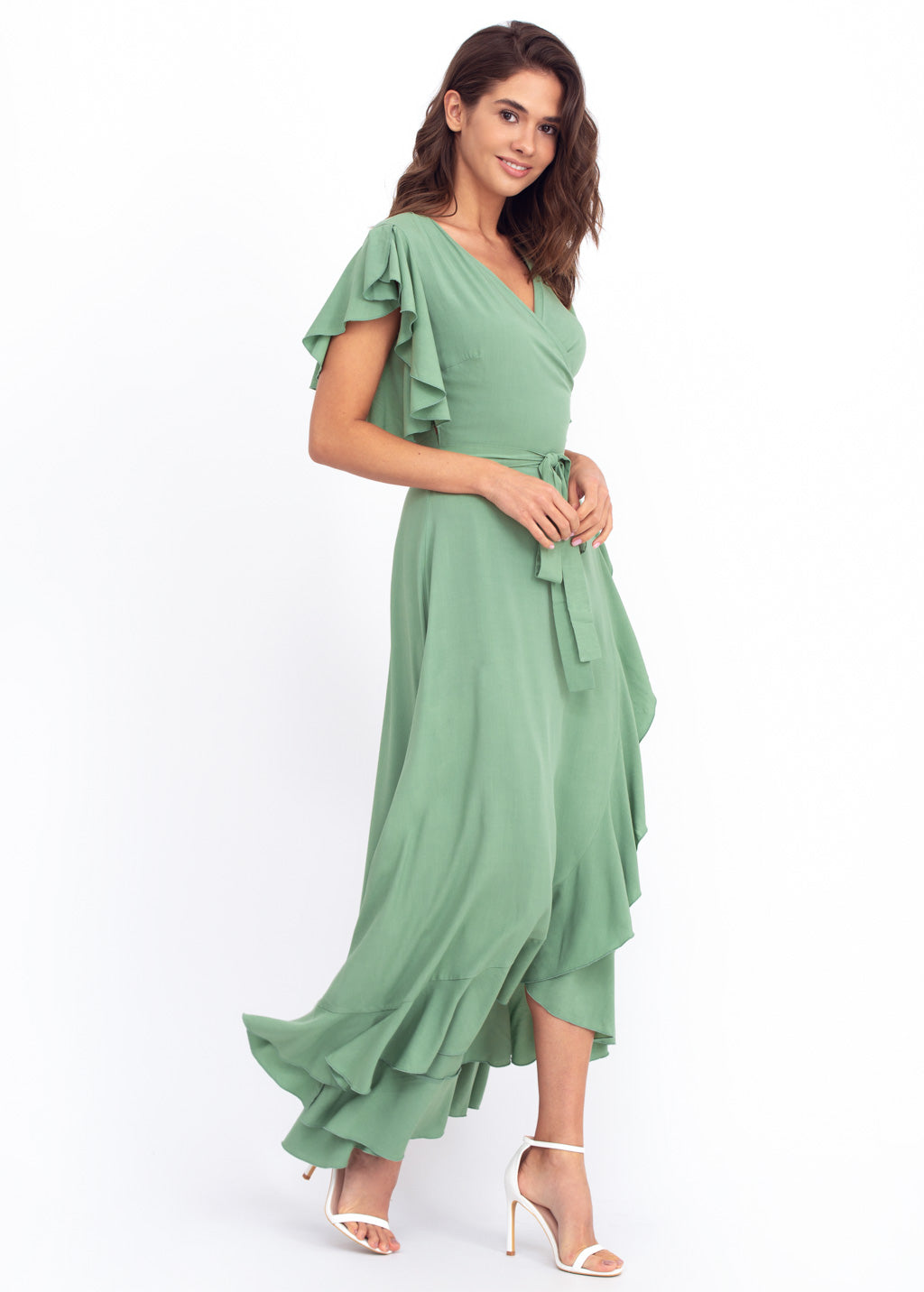 Sage green romantic wrap around dress