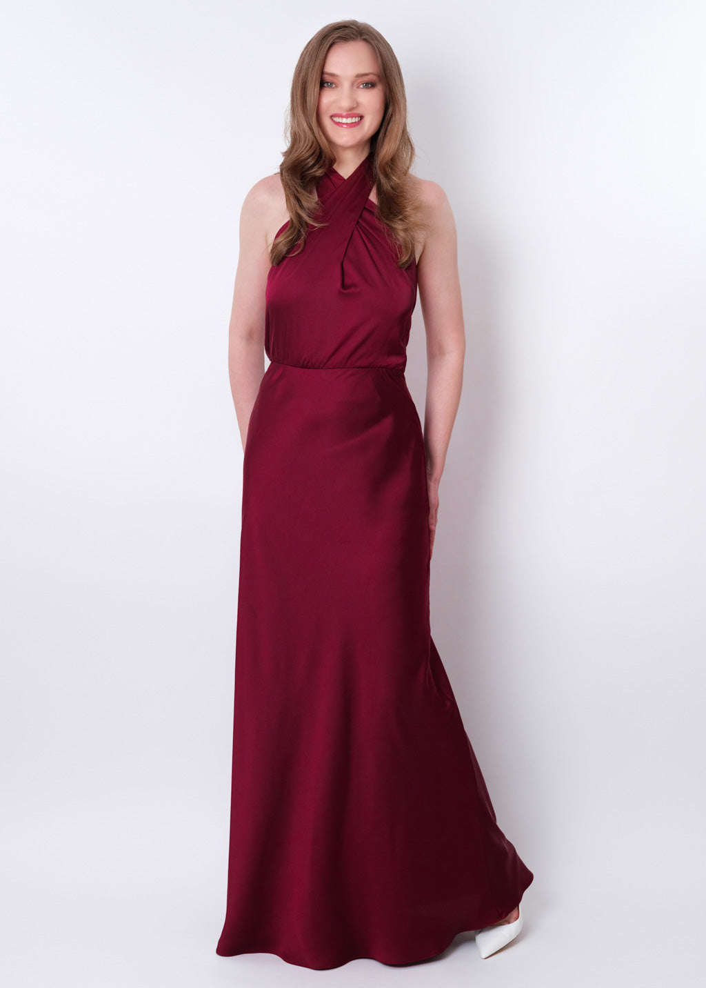 Burgundy silk long halter dress