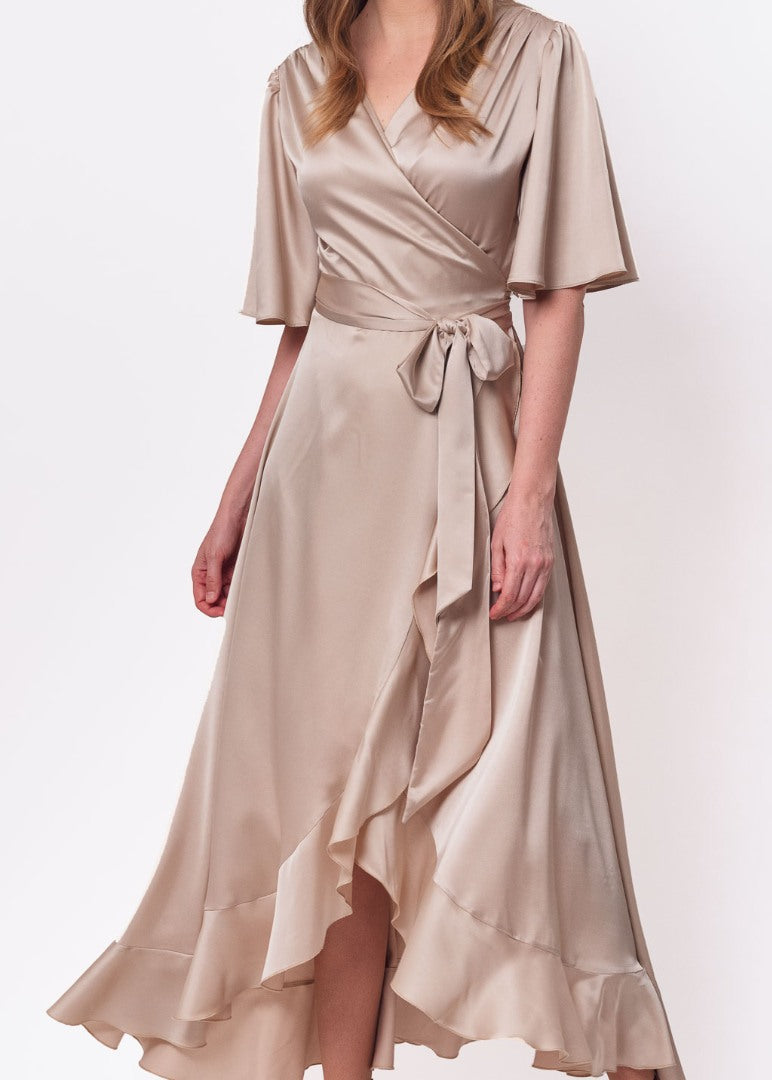 Champagne beige wrap silk dress