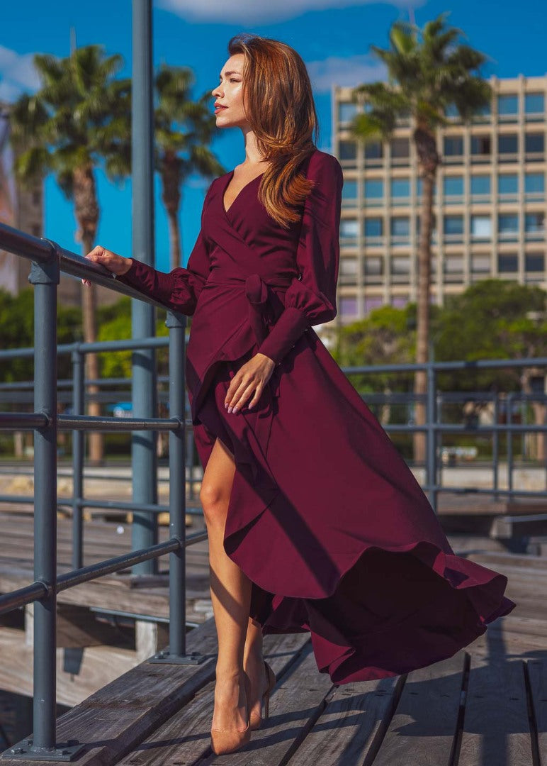 Dark burgundy long wrap dress