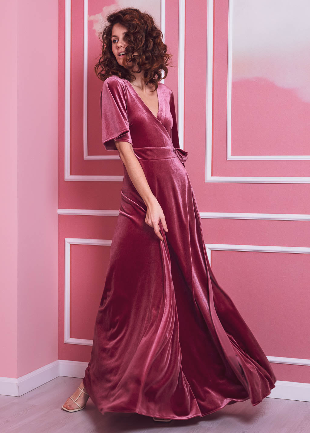Dusty rose elegant long wrap dress
