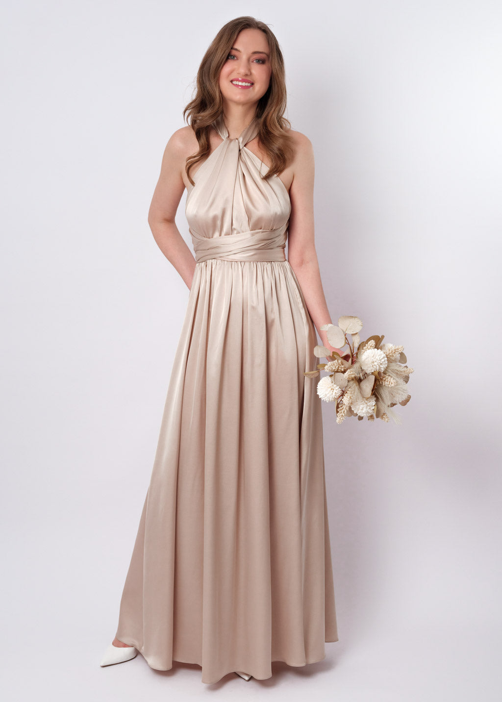 Champagne beige infinity long pleated dress