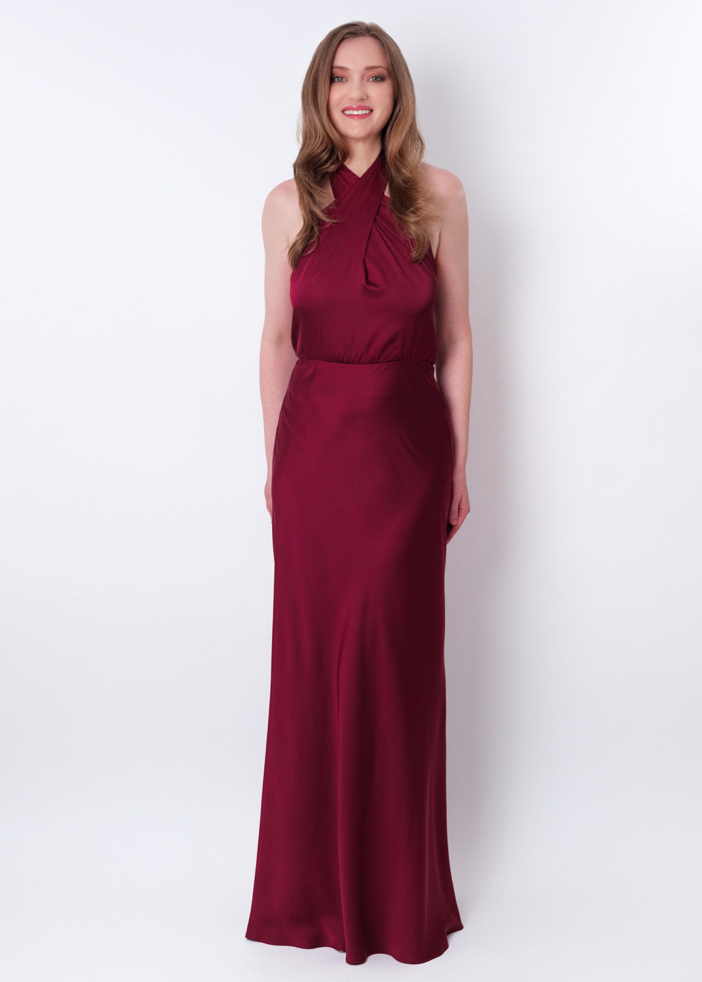 Burgundy silk long halter dress