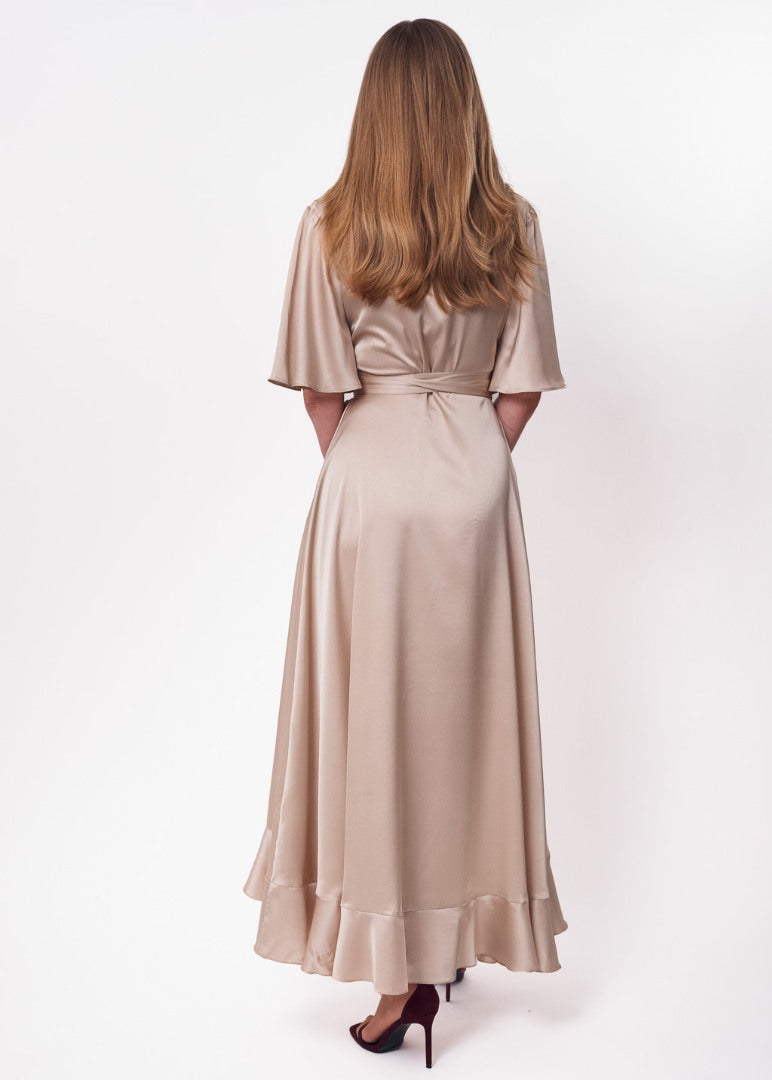 Champagne beige wrap silk dress