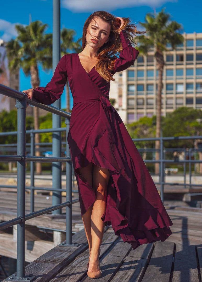 Dark burgundy long wrap dress